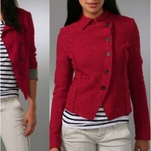 Free People Red Scrunch Sergeant Jacket L Wool Linen Fully Lined FLAW